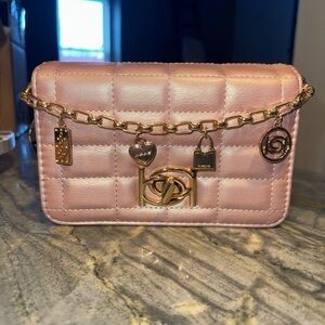BEBE Pink and Gold Quilted Chain-Accent Crossbody Bag